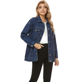 PUWEI Women's Oversized Denim Jacket Distressed Lapel Button Up Long Sleeve Jean Jacket with Pockets(1452-DarkBlue-L)