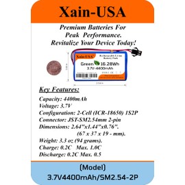 Xain-USA: 16.28Wh 3.7V 4400mAh Rechargeable Li-ion Battery Pack with JST-SM2.54mm 2-Pin Plug
