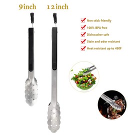 harmiey Kitchen Tongs, 2 packs Barbecue Tongs (9” and 12”) Stainless Steel Cooking Tongs Heat Resistant Handle Smart Locking Clip Non-Slip for BBQ, Salad, Grill, Fry, Serving