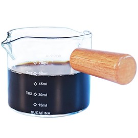 Luvkqarro Espresso Measuring Cup 75ml, Espresso Shot Glass with Wood Handle, Double Spouts Milk Frothing Pitcher, Coffee Bar Accessories, Espresso Cups for Latte Art