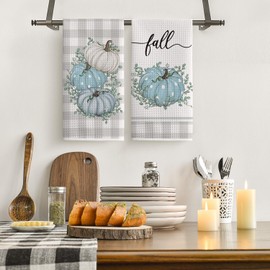 Artoid Mode Blue Pumpkin Leaves Fall Bar Kitchen Towels, 12x24 Inch Quick Dry Microfiber Cloth Dish Towels for Kitchen Drying Set of 2