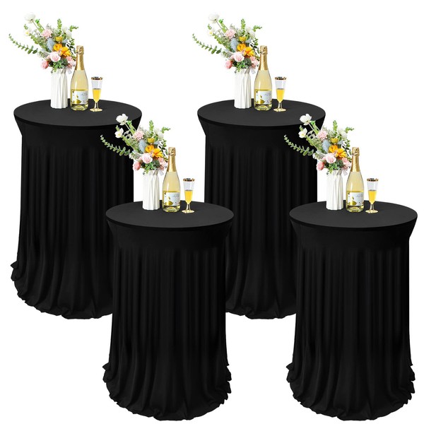 Tegeme 4 Packs Round Spandex Cocktail Tablecloths with Skirt Cocktail Round Table Cover Spandex Stretch Square Tablecloth Skirt for Fitted High Top Table Bar Wedding Party Banquet (Black, 32x43 Inch)