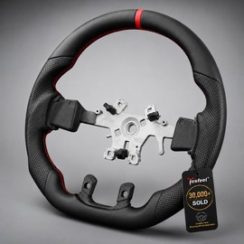 Tesfeel All-Leather Performance Steering Wheel for RAM 1500 (2013-2018) and for RAM 1500 Classic (2019-2024 DS Models), Premium Nappa Leather with Red Stripe and Stitching, D-Shape