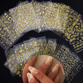 IDDFEVE 30 Sheets Moon Star Nail Art Stickers - Minimalism Line Self-Adhesive 3D Nail Decals for DIY Golden Manicure