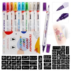 HAWINK Temporary Tattoo Markers for Skin, 10 Body Markers + 56 Large Tattoo Stencils for Kids and Adults, Dual-End Tattoo Pens Make Bold and Fine Lines with Cosmetic-Grade Christmas gifts for teen girls ZYH2208001KIT