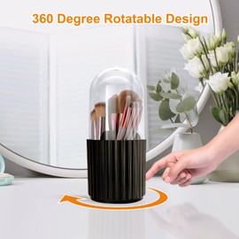 HSSPANFN Makeup Brush Holder Organizer with Lid 360 Rotating Dustproof Storage Organizer, 5-Slot Makeup Brush Cup, Multifunctional Pen Holder for Makeup Brush Mascara or Eyeliner (Black)