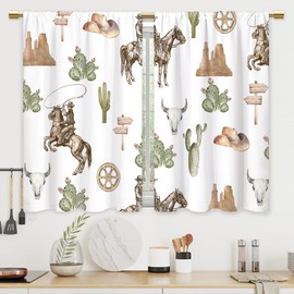 CINEKER Western Cowboy Kitchen Curtains Rustic Farmhouse Cactus Desert Bathroom Curtains Window Treatment Drape Tier Vintage Country Cafe Small Bedroom Short French Door Curtains 2 Panels 27.5x39 Inch