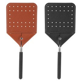 2pcs Telescoping Leather Fly Swatters, Telescoping Manual Heavy Duty Flyswatter with Long Handle Extendable Fly Swatters for Swatting Mosquitoes Fly Indoors Outdoors(Black, Brown)