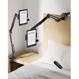 Bongogoo Kindle Holder with Remote Page Turner for Bed – Hands-Free Kindle Stand & Clip Mount, Wireless Page Turner and Holder Arm, No Text Blocking, Fits 5.9″–9.8″ Devices