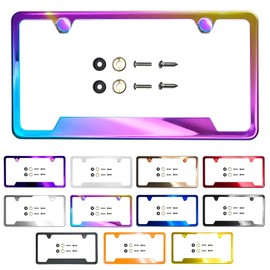 Bottom Cut OutLicense Plate Frame Neo Chrome Aurora Electroplating Burnt Titanium Mirror Chrome Universal Fit Anti Rust Metal Screw On Cap Cover, T304 Stainless Steel, Rust Proof (Qty: 1 Frame)