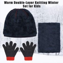 3Pcs Hat Scarf and Glove Set for Kids Boys Age 3-6 Winter Knit Pom Beanie Neck Warmer Gloves Set with Warm Fleece Lining