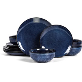 Vicrays 12-Piece Ceramic Dinnerware Set, Dinner Plates, Salad Plates & Cereal Bowls, Dish Set for 4, Microwave, Oven & Dishwasher Safe, Scratch Resistant, Blue