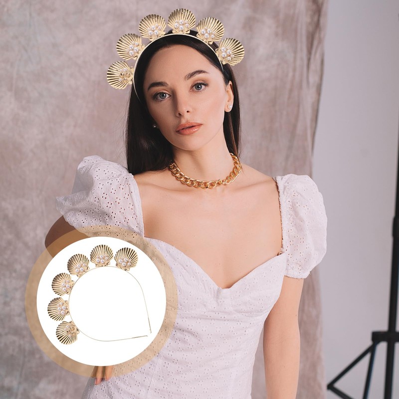 Lurrose Shell Headband Gold Seashell Crown Goddess Pearl Decor Tiara