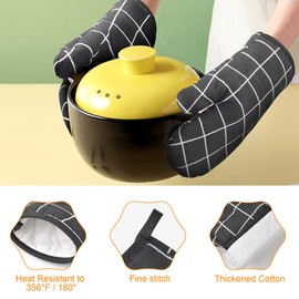 AUAUY Oven Mitts and Potholders BBQ Gloves-Oven Mitts and Pot Holders with Recycled Infill Cotton Non-Slip Cooking Gloves for Cooking Baking Grilling (6-Piece Set,Black)