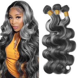 P1BGray Bundle Highlight Body Wave Human Hair Bundles #1BGrey Ombre 3 Bundles 12 14 16 Inch Two Tone Black And Silver Bundle For Black Women Gray Hair Weave