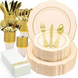 AIRE 175PCS Pink Gold Plastic Plates for Party, Dinnerware Sets for 25 Guests, Disposable Plastic Party Supplies Plates Cups Spoons Forks Knives Napkins for Wedding Birthday Baby Shower BBQ Parties