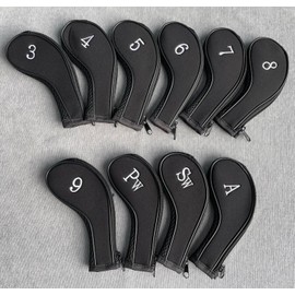 Golf Iron Headcovers Golf Club Head Cover Iron Wedge Head Protector with Zip and Embroidered Numbers (Black)