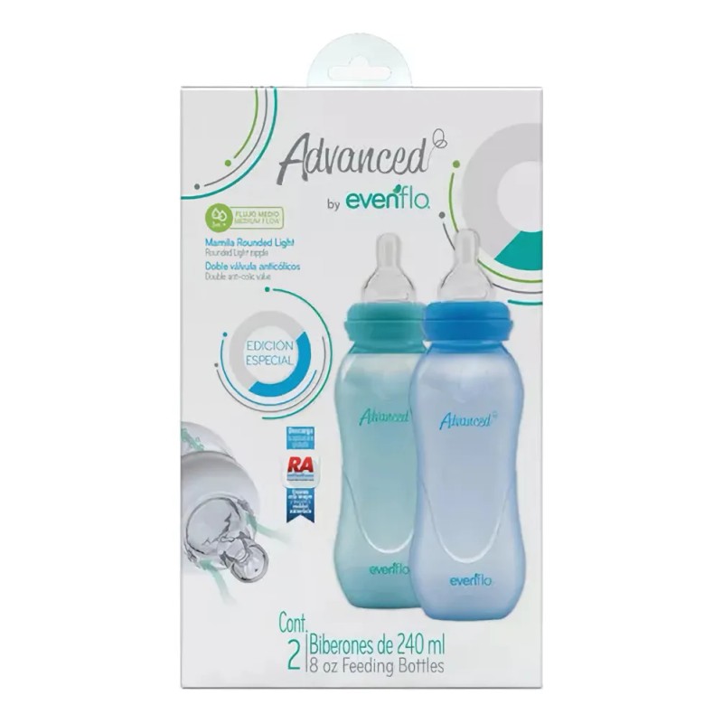 Pack x2 Biberones Evenflo 240ml Flujo Medio 3m+