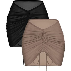AI'MAGE 2 Pieces Women Beach Sheer Cover Ups Mesh Bikini Wrap Ruched Skirt for Swimwear S-XXL