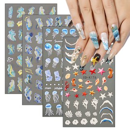 NOODCO 5D Summer Nail Art Stickers Decals, Marble Wave Shell Nail Stickers Ocean Starfish Jellyfish Sea Wave Nail Design Self-Adhesive Nail Art Supplies DIY Acrylic Nail Decorations for Women