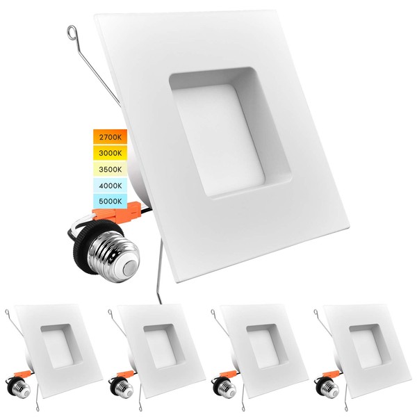 LUXRITE 5/6 Inch LED Square Recessed Lighting, 14W=90W, 5 Color Selectable 2700K | 3000K | 3500K | 4000K | 5000K, Dimmable LED Downlight, 1100 Lumens, Wet Rated, Energy Star, IC Rated (4 Pack)