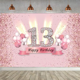 Tecreo 13th Birthday Decoration Party Decor For Girl Fabric Sign Poster 13th Anniversary Background Banner 13th Birthday Party Supplies Table Decoration Glitter Pink, 150cm