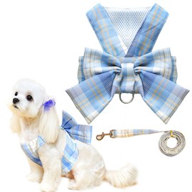 UETZLTB Cute Dog Harness and Leash Set with Bow Tie Soft Mesh Plaid Girl Puppy Harness No Pull Pet Cat Dog Vest Harness for Small Dogs Chihuahua Rabbit Outfit (Blue,XS)