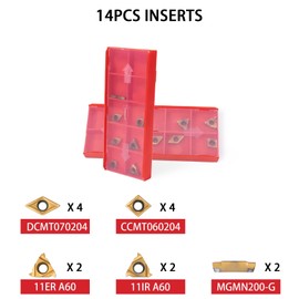 14Pcs Carbide Turning Inserts for 3/8'' 10mm Metal Lathe Cutting Holder,Replaceable Carbide Inserts for Precise Turning,Threading, Cutoff, Boring