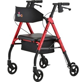NOVA Star 6 Foldable Rollator Walker for Seniors, Wide Padded Backrest with Seat, 6” All-Terrain Wheels, Easy-Grip Locking Hand Brakes, Height Adjustable, Red