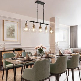 Gold Chandelier for Dining Room, Modern 5-Light Kitchen Island Lighting with Seeded Glass, Mid-Century Linear Chandeliers for Kitchen Island, Living Room