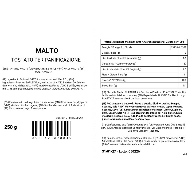 BONGIOVANNI FARINE E BONTA' NATURALI Malto Tostato per Panificazione -
