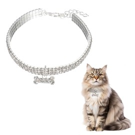 PETAXCELL Rhinestone Cat Collar, Bling Dog Basic Collars Adjustable Sparkling 3 Rows Dog Necklaces with Bone Pendant (8-10In, White) for Wedding Party Pet Jewelry Puppies Kitten