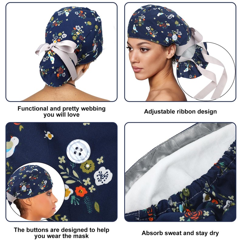 Floraltop 6 Pcs Satin Lined Scrub Caps Women Nurse Surgical