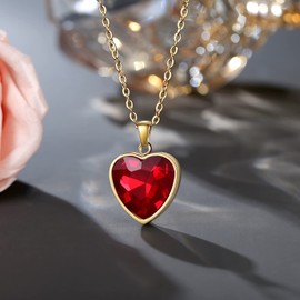 YAMI Love Heart Pendant Necklace for Women, Birthstone Crystal 14K Gold Plated Jewelry Gifts for Wife Girlfriend Mom on Birthday/Valentine's/Mother's Day/Anniversary Ruby Red