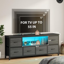 Lulive TV Stand for Bedroom, LED Rustic Brown Dresser for Living Room with 6 Fabric Drawers, 55in TV Stand with Power Outlet, Entertainment Center with Open Shelf