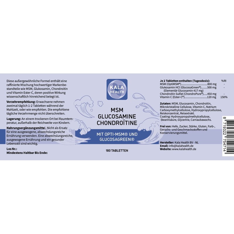 Kala Health 60 Tablets OptiMSM (Methylsulfonylmethane), GlucosaGreen (Glucosamine), ChondroPure (Chondroitin)