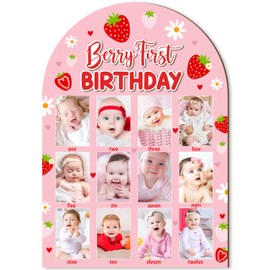R HORSE 3D Berry First Birthday Wood Photo Display Board, Pink Strawberry Baby's First Year Picture Frame, 1-12 Months Milestone Board Birthday Decorations Keepsake Gift for Baby Girls Nursery Decor