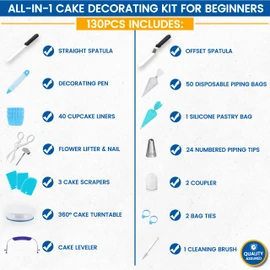 RFAQK Cake Decorating Kit Tools - RFAQK 130 Pcs Cake Turntable -Cake Leveller-24 Numbered Icing Tips and Piping bags with Pattern Chart & E.Book -Straight and Angled Spatula and other baking set Supplies