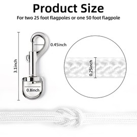 100ft Flag Pole Rope, Flag Pole Halyard Rope Kit with 4 Pcs Zinc Alloy Swivel Snap Hooks, Double Braided Nylon Flagpole Line Rope for Outdoor, Flag, Swing, Clothesline, Climbing, Camping