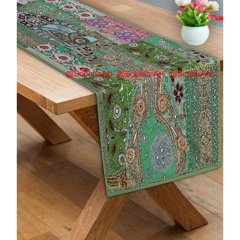 Ethnic Cotton Decorative Table Runner Indian Dinner Patchwork Beads Embroidered