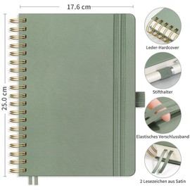 RETTACY Notebook B5 Dotted, Bullet Dot Journal with 100 g/m² Thick Paper, 150 Sheets, Notebook for Office and School, Leather Cover, Light Green, 17.6 cm x 25 cm
