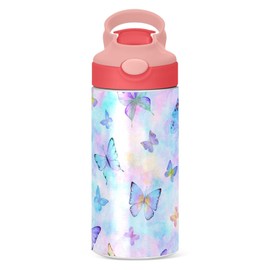 Butterfly Girls Water Bottle with Straw and Carry Handle Rainbow Cute Animals Vacuum Insulated Stainless Steel Bottles Leak-Proof for Boys Kids Toddler 12 oz Pink Lid