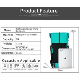 Hiking Backpack,40L to 50L Extra Large Capacity Hiking Bag,Internal Frame Camping Backpack,Upgraded X-PAC Lightweight Sport Daypack Travel Backpack Fit For Mountain Climbing Camping(Peacock Green)