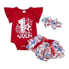 Thilsidee Baby Girl Ruffle Sleeve 4th of July Bodysuit Romper+Ruffled Skirt shorts+Headband 3Pcs Set Independence Day Outfit (A-Red, 12-18 Months)