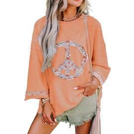 KevaMolly Womens Long Sleeve Tops Floral Peace Symbol Drop Shoulder Sweatshirt Crewneck Casual Pullover Top Orange a-M