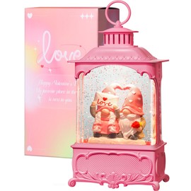 Gorrzai Valentines Day Snow Globe Gnome Snow Globe Lantern, Lighted Valentines Day Decorations for Home with Music Timer Swirling Glitter, Musical Valentines Day Gifts, USB or Battery Operated