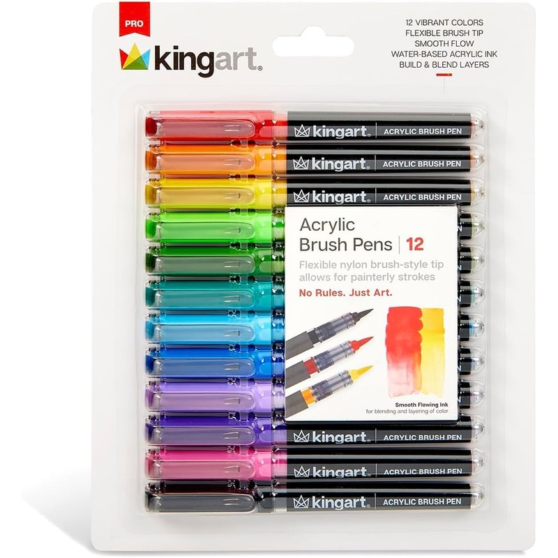 KINGART Acrylic Paint Markers Brush Tip, 12 Vibrant Colors. Water-based,