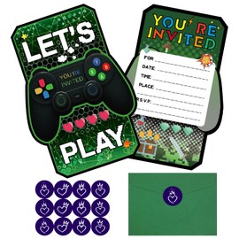 TSVATE 20PCS Video Game Birthday birthday invitations, Video Gamer party invitations, Green birthday invitations for boys, Kids, Teens - Envelope, stickers, Double-Sided Video Game Themed Invite Cards