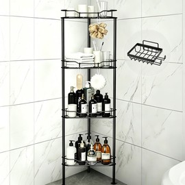4 Niveles Esquinero para Baño con Jabonera, Organizador de Ducha de Metal Antióxido, Estante de Piso con Ganchos para Regadera, Esquina para Baños Cocinas Hoteles, Negro