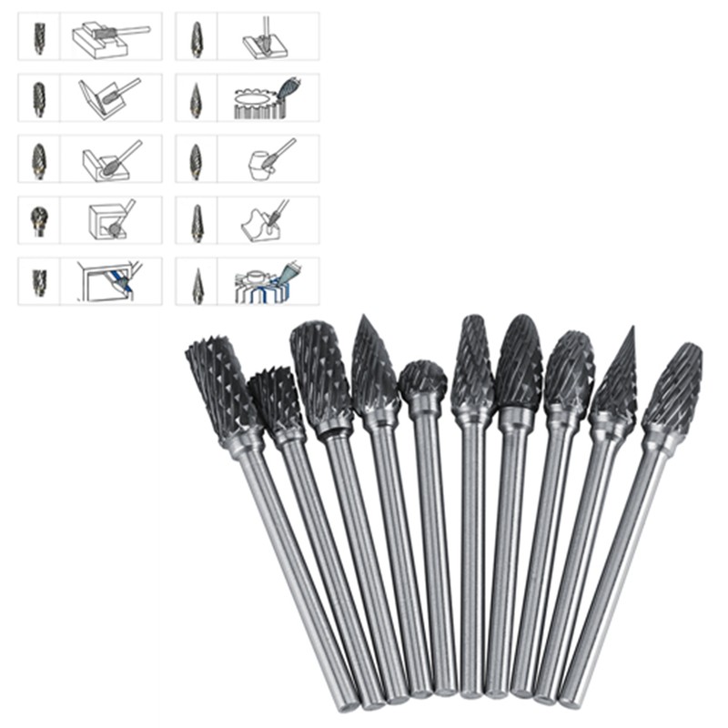 10pcs Tungsten Carbide Steel Rotary Files Burr Set 3mm Shank